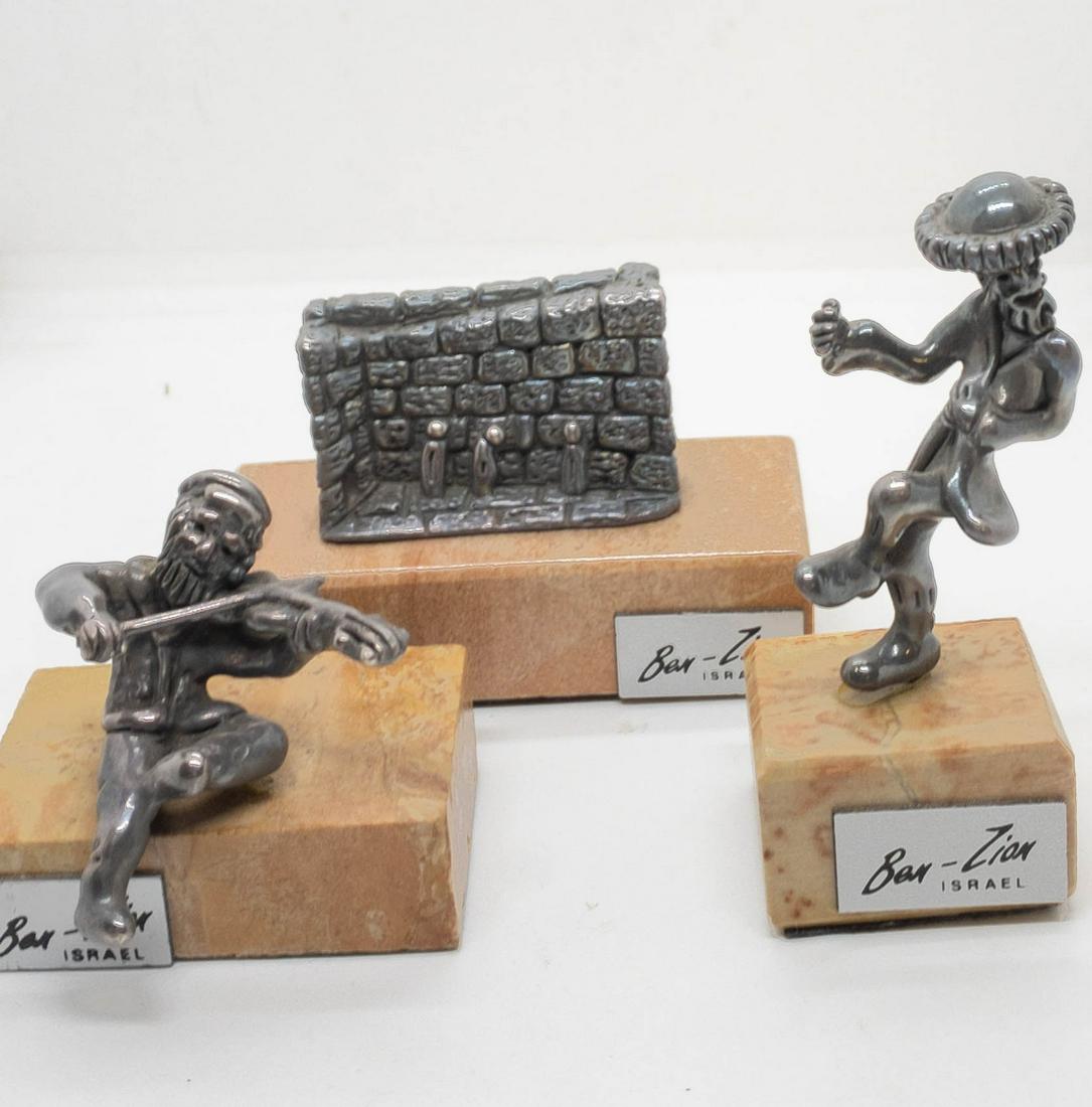 3 Ben - Zion Israel Miniature Sterling Silver: 3 miniature sterling silver sculptures by Ben - Zion of Israel including a man dancing, 2.5" high, a man playing the fiddle, 2" high and the Wailing Wall 2" high. Marked: 925