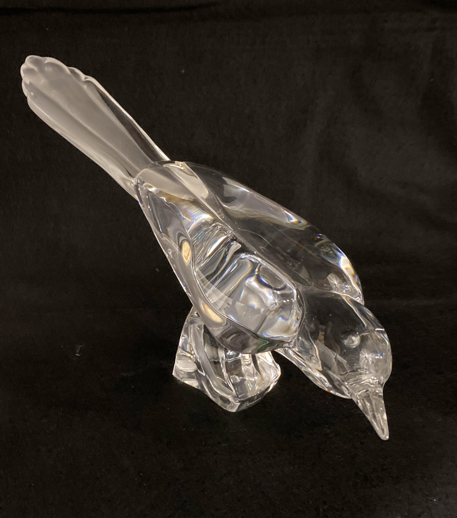 Daum Crystal Clear & Frosted Large Bird Figurine Signed: Large Daum bird figuring in clear crystal with a frosted crystal tail. Signed: Daum, France. 8" high x 13.5" long x 5" wide.
