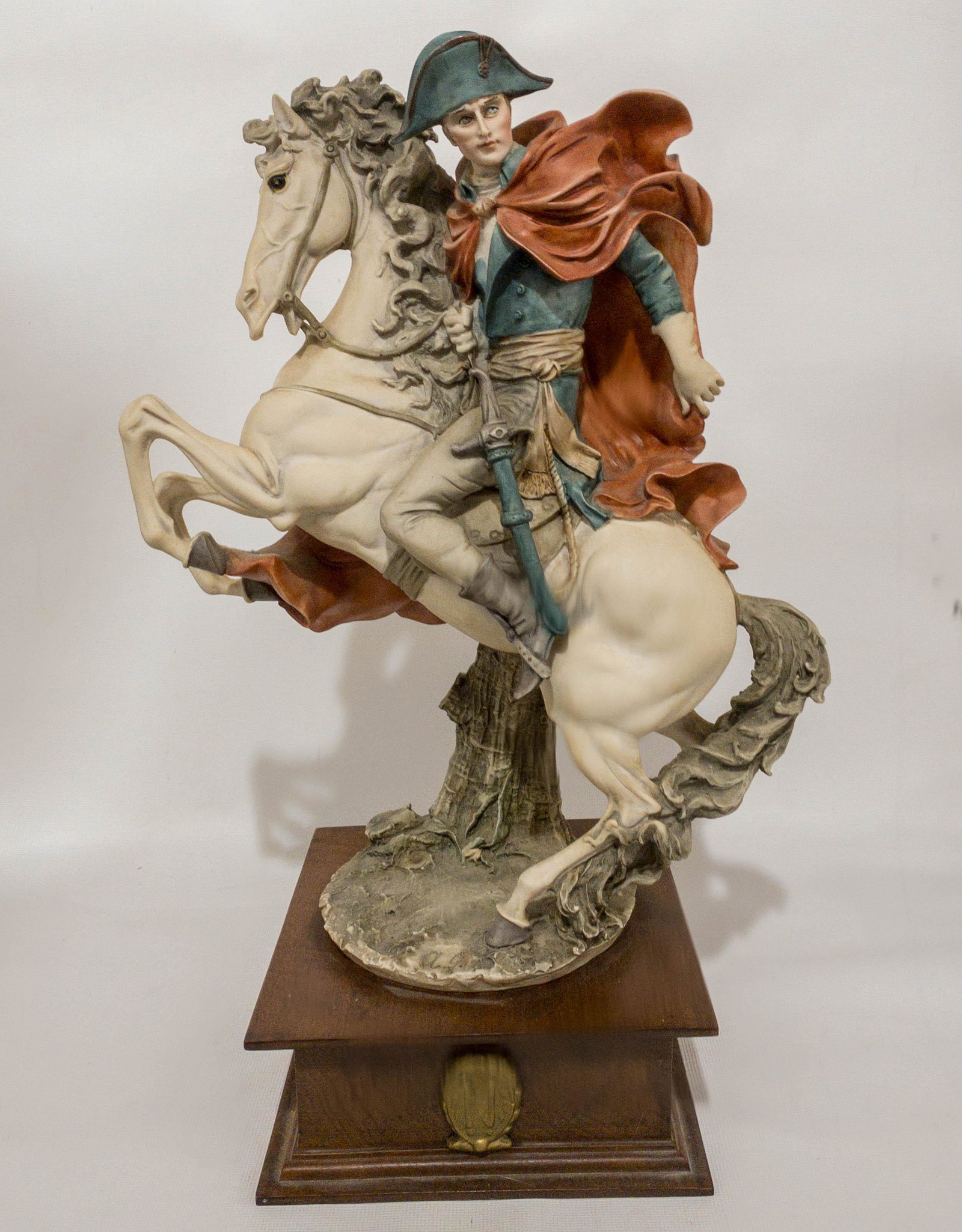 Large Florence Giuseppe Armani Figurine Napoleon on: Large Giuseppin Armani highly detailed figurine of Napoleon on a rearing horse in beautiful muted colors. On wood base. 16.5" high, 6.75" x 6.75" base.