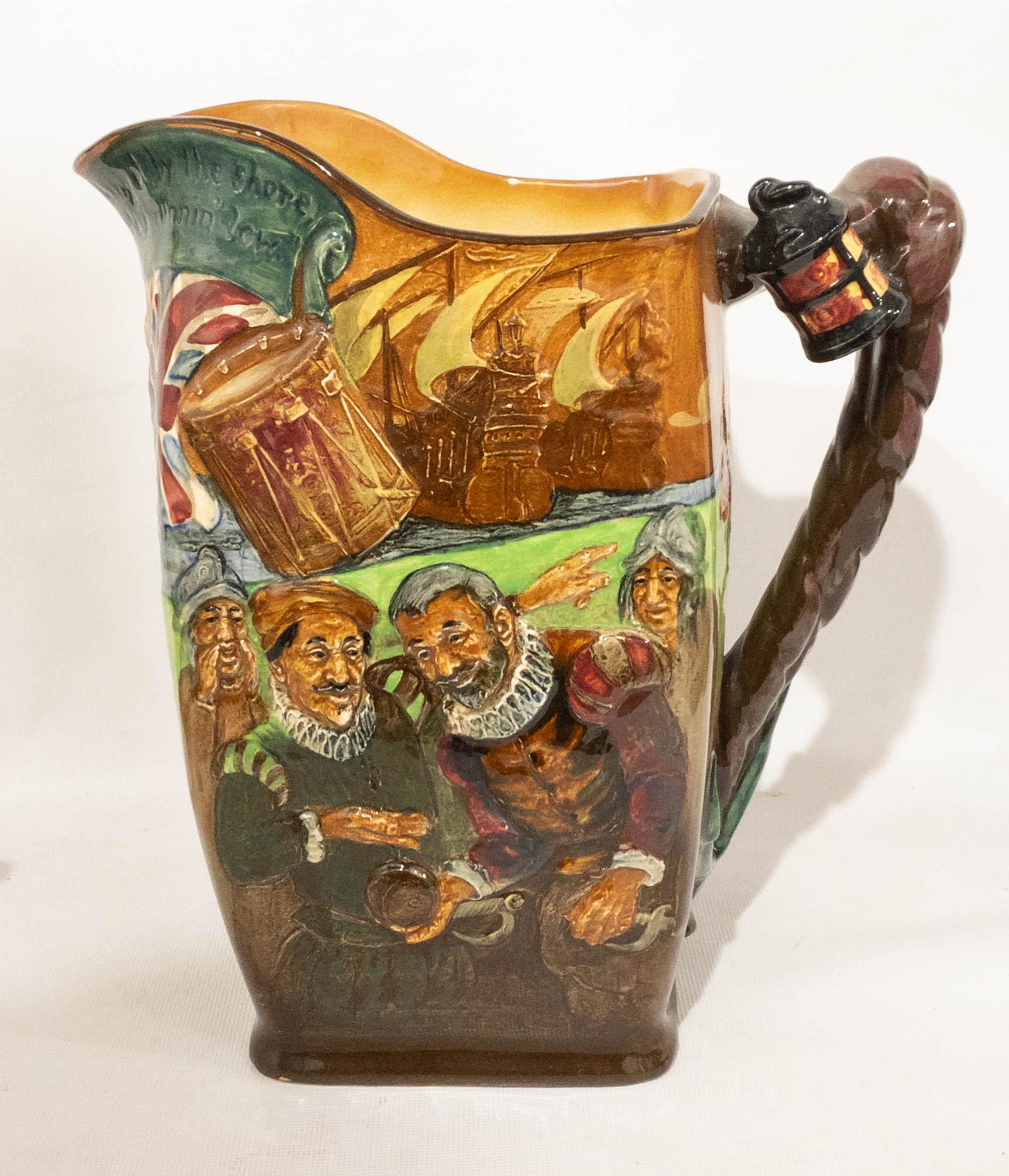 Antique Royal Doulton The Drake Jug Signed Noke: Large antique jug. On the bottom: The Drake Jug, Marked Jug 388, Signed Noke. 11" high x 7.5" long x 5" wide.