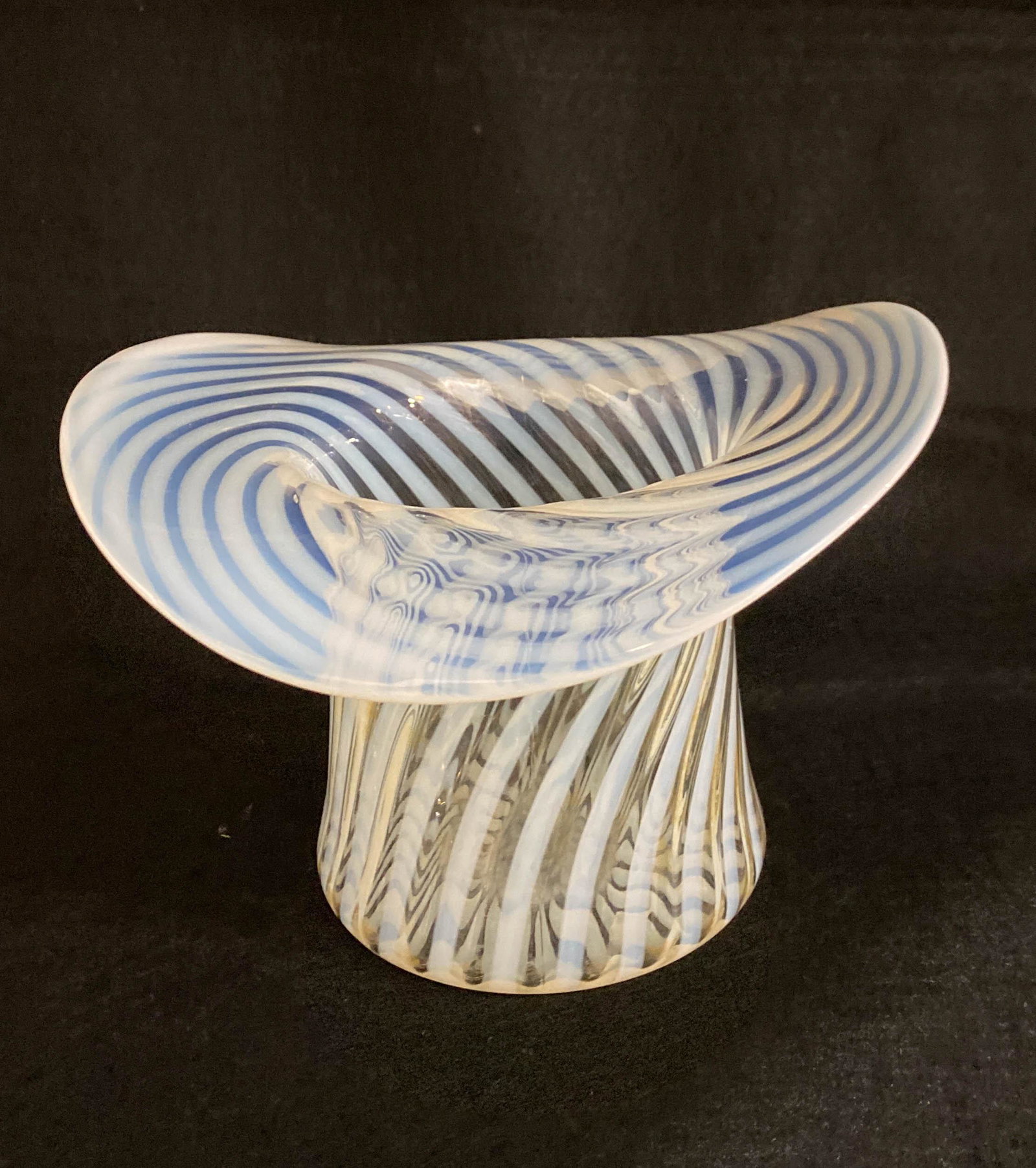 Fenton Spiral Optic Opaline Swirl Glass Hat Vase: Fenton hat vase with opaline swirls creating a optic effect. 6" high x 8" long x 8.5" wide.