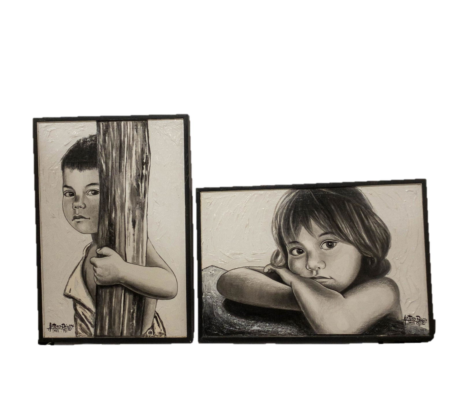 2 Arturo Perez Oil On Board Paintings Boy & Girl 1973: 2 grayscale paintings, oil on board, by Arturo Perez. One is of a girl, signed lower right, and the other is a boy, signed lower left. 1973. Framed. 18.5" high x 12.5" wide.