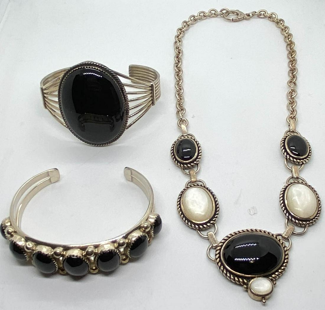 Onyx & Mother Pearl Necklace & 2 Cuff Bracelets (1 of 9)