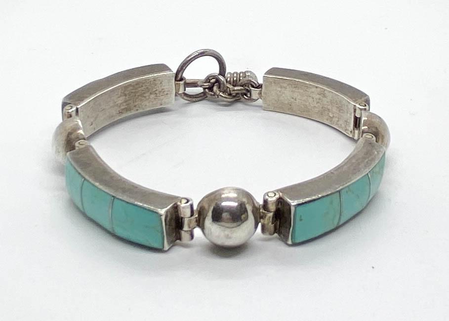 Turquoise & Heavy Sterling Panel Link Bracelet (1 of 5)