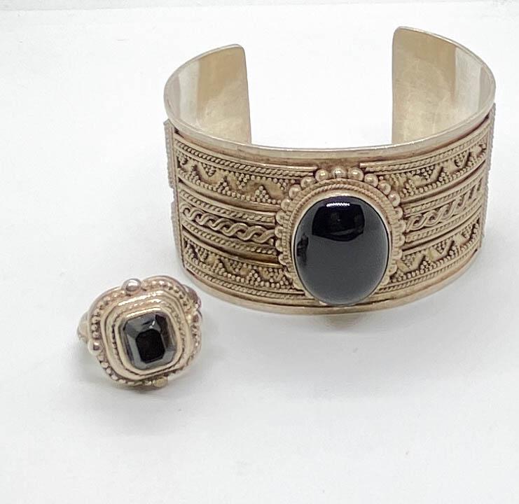 Sterling Silver Onyx Cuff Bracelet and Ring (1 of 7)