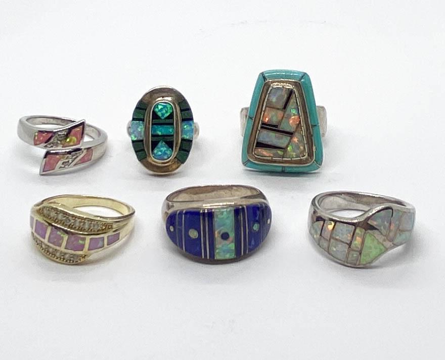 6  Rings Turquoise, Enamel, Lapis, Mother of Pearl, (1 of 9)
