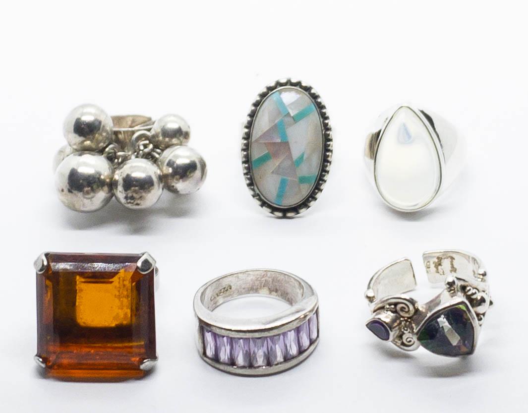 6 Sterling Rings Moonstone, Topaz, Mother of Pearl (1 of 8)