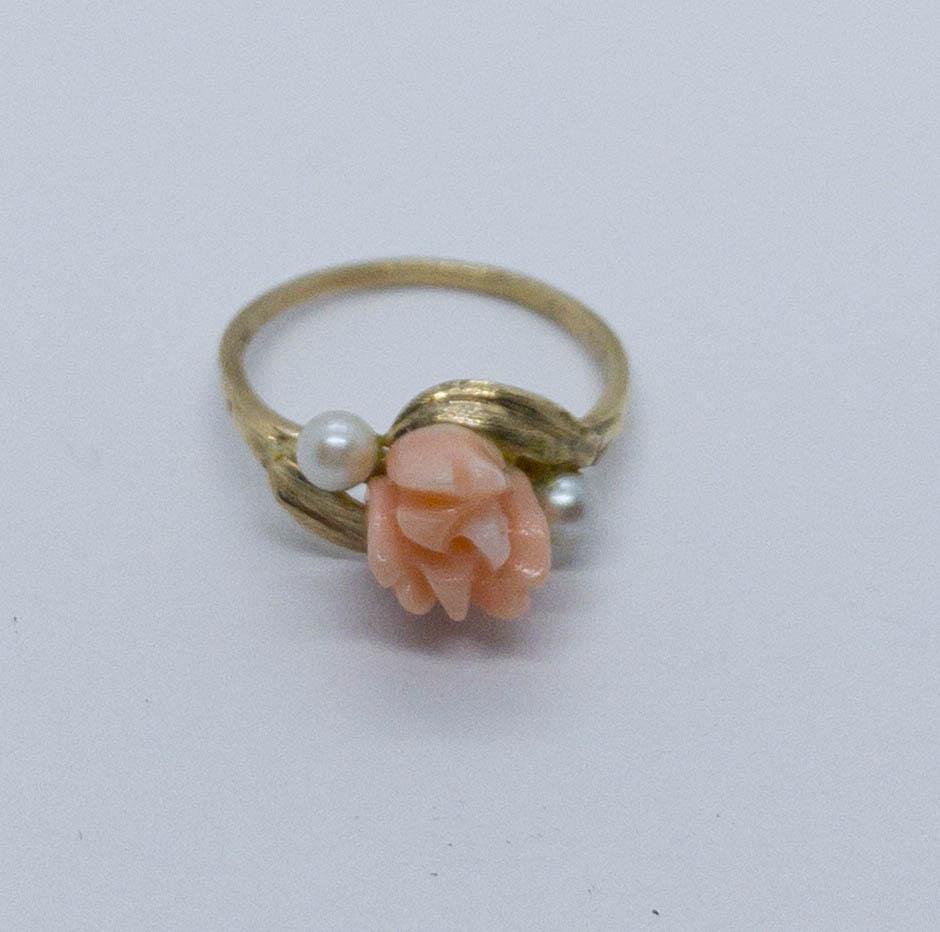 Angle Skin Coral Rose & Pearl Ring 14k Sz 6.5 (1 of 5)