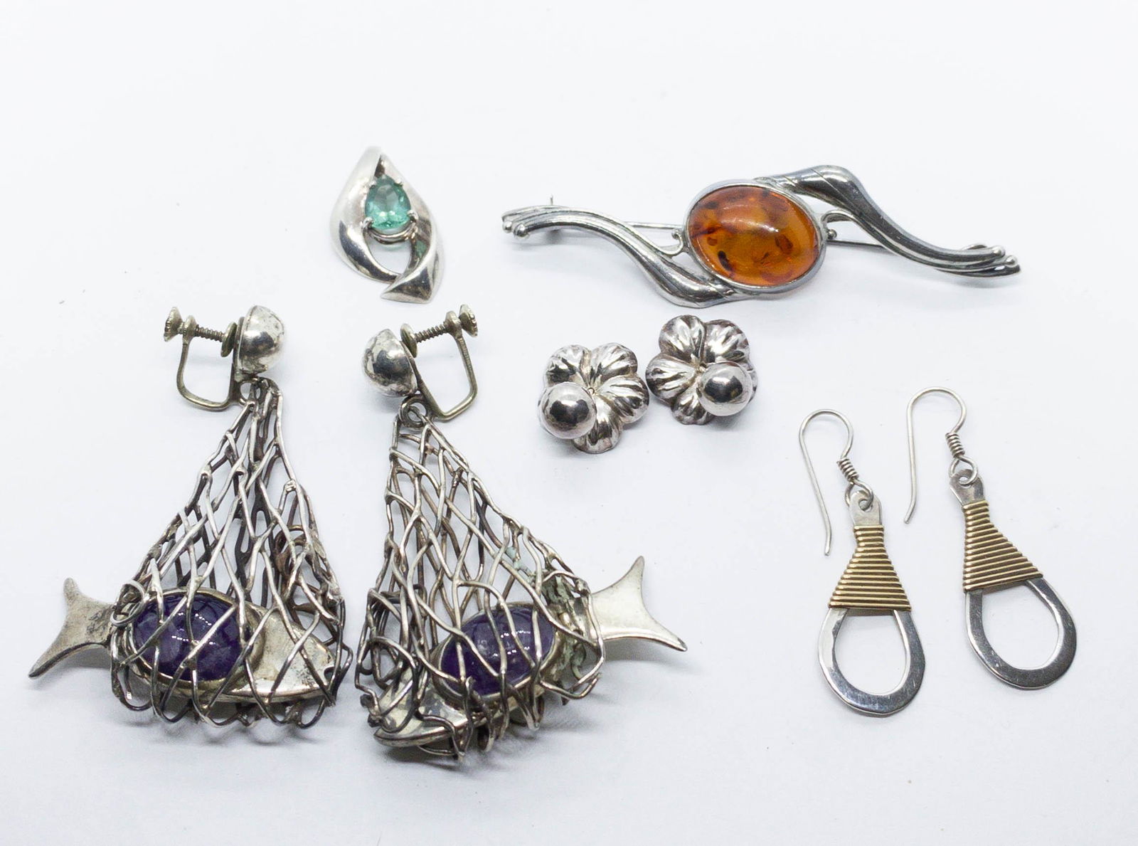 Lot of Sterling Earrings, Brooches, Pendant (1 of 8)
