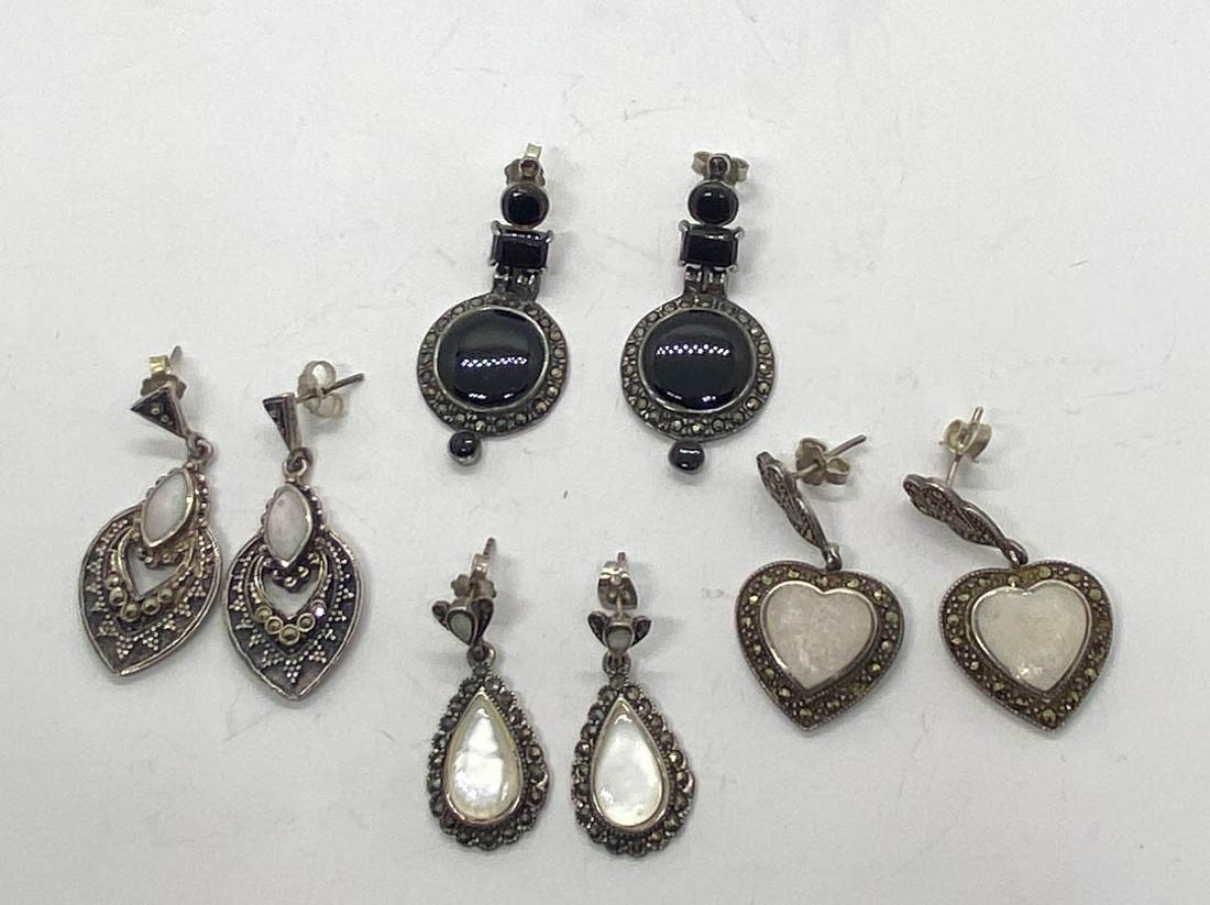 Lot Sterling Mother of Pearl Onyx Marcasite Earrings (1 of 6)