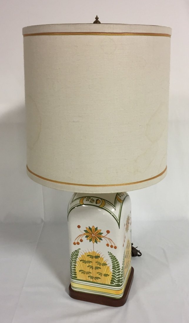 Frederick Cooper Delft Ceramic Lamp: Vintage. Marked Frederick Cooper on lamp and shade. Lamp 18". Shade 12"