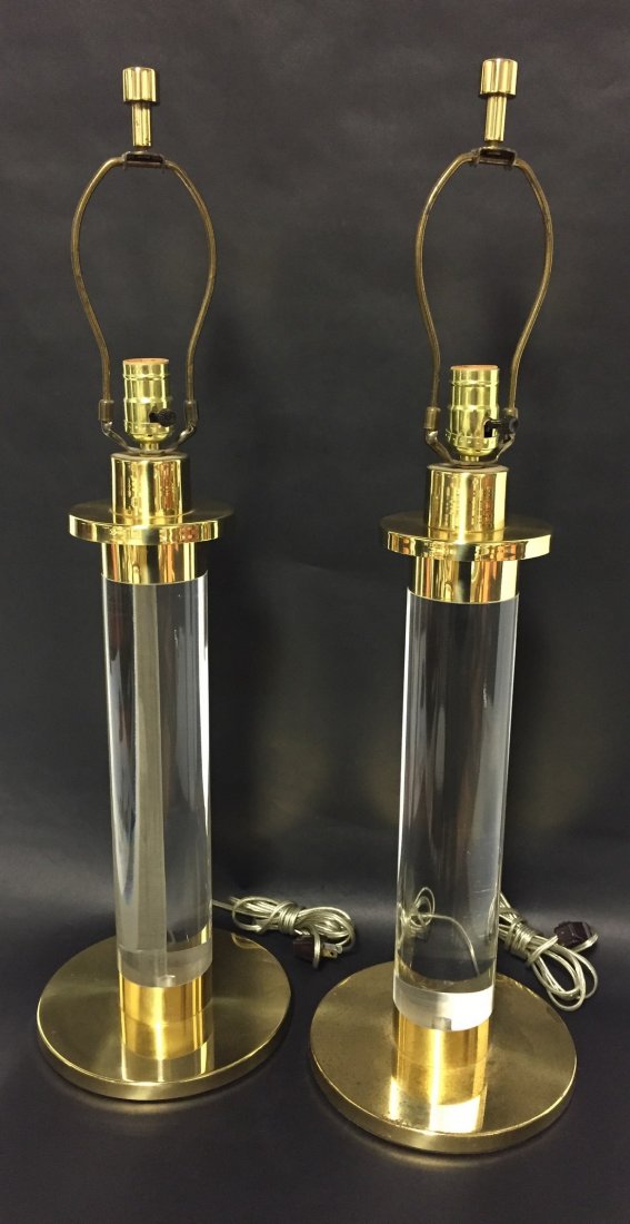 Pair of Frederick Cooper Lucite Column Table Lamps: Circa 1980's. Lucite and brass. 28" H, 8" W