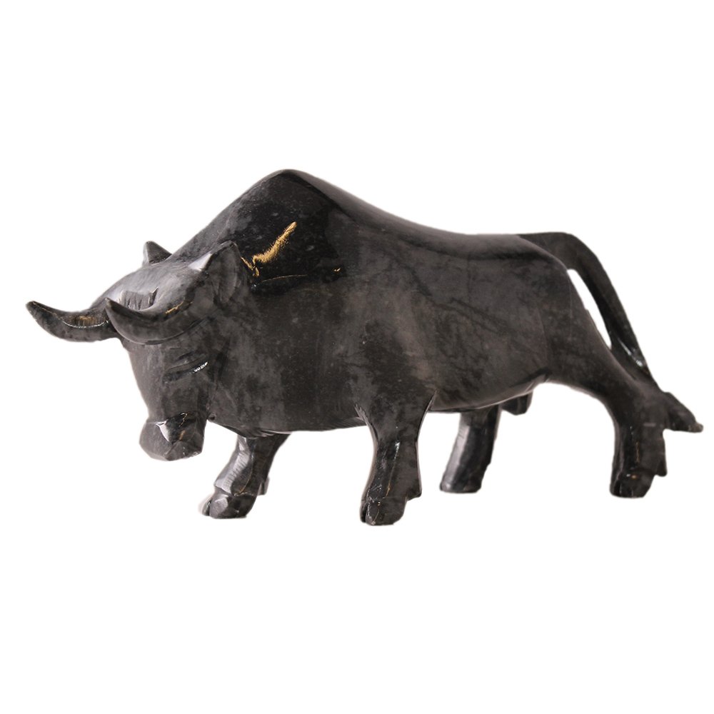 Carved Charging Bull Statue In Marbled Black & Grey (1 of 4)