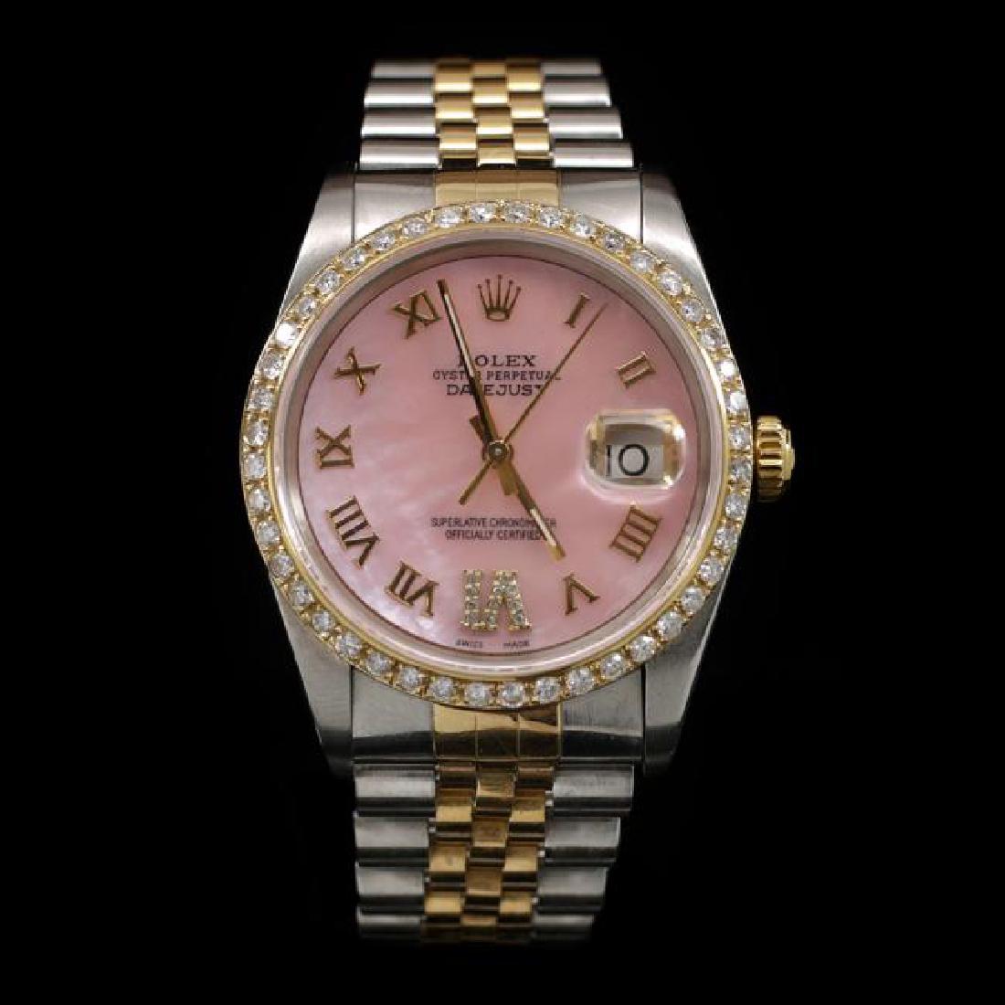 Rolex DateJust Two-Tone 36mm Custom Diamond Bezel Men's: ****** Rolex DateJust Two-Tone 36mm Custom Diamond Bezel Men's Wristwatch ****** One Mens, Rolex DateJust 36mm Pink Custom Diamond Dial With Pave Diamond Settings On Hour Markers 9 & 6 Custom Diamond