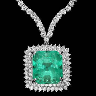 18k Gold 17.00ct Emerald 10.70ct Diamond Necklace: Retail: $111,600.00 ****** 18k Gold 17.00ct Emerald 10.70ct Diamond Necklace ****** Metal: 18k Solid White Gold / Size: 16.5 / Total Item Weight: 27.0 grams / / Main Stone: Emerald / Color: Green / Ca