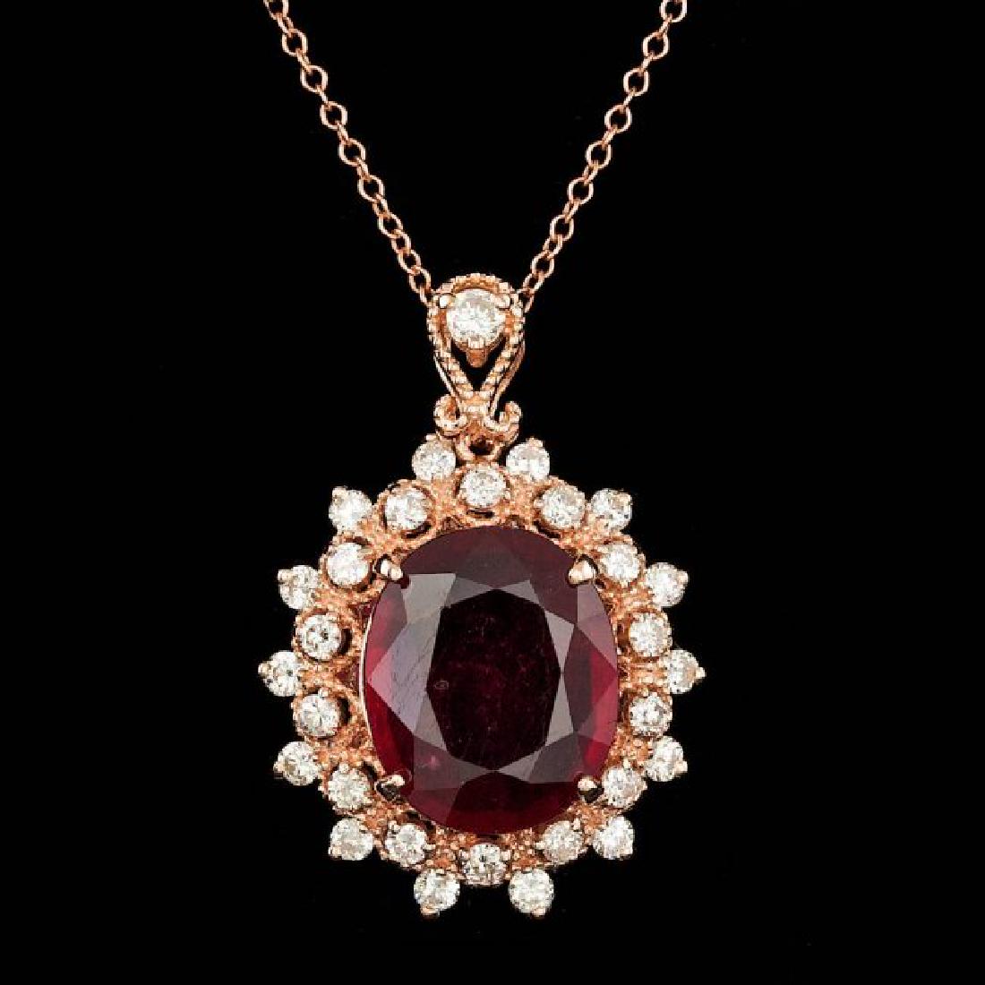 14k Rose Gold 6.50ct Ruby 0.90ct Diamond Pendant: Retail: $5,800.00 ****** 14k Rose Gold 6.50ct Ruby 0.90ct Diamond Pendant ****** Metal: 14k Solid Rose Gold / Size: 18 / Total Item Weight: 6.0 grams / Country Made: United States / / Main Stone: Ruby