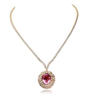 18K Yellow Gold, 14.55cts Tourmaline, 9.89cts Diamond: Retail: $89,766.00****** 18K Yellow Gold, 14.55cts Tourmaline, 9.89cts Diamond Necklace******* Metal: 18K Yellow Gold/ Total Wt.: 24.44g/ Country Made USA// Main Stone: Tourmaline/ Adjacent Stone: Dia