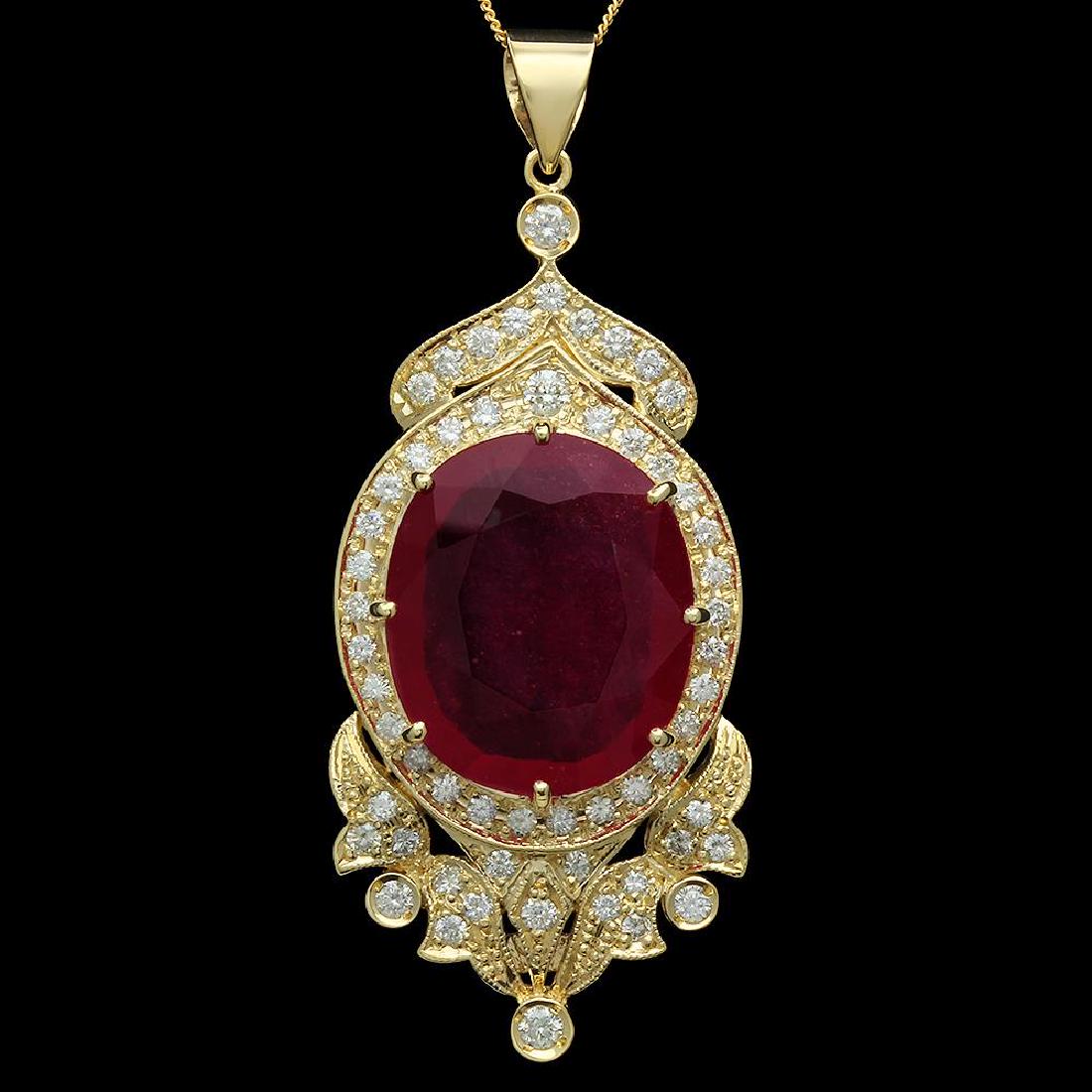 14K Gold 26.79ct Ruby 1.68ct Diamond Pendant: Retail: $16,330.00 ****** 14K Gold 26.79ct Ruby 1.68ct Diamond Pendant ****** Metal: 14K Solid Gold / Total Item Weight: 21.1 grams / Country Made: United States / / Main Stone: Ruby / Color: Red / Ca