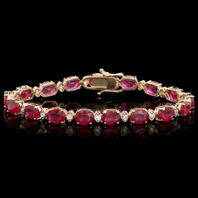 14k Gold 25.00ct Ruby 1.10ct Diamond Bracelet: Retail: $12,300.00 ****** 14k Gold 25.00ct Ruby 1.10ct Diamond Bracelet ****** Metal: 14k Solid Yellow Gold / Size: 7.5 / Total Item Weight: 17 grams / Country Made: United States / / Main Stone: Ruby