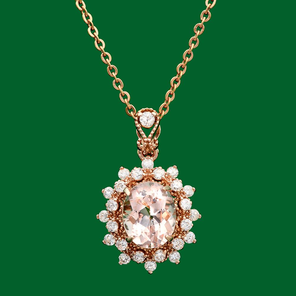 14k Gold 2.67ct Morganite 0.70ct Diamond Pendant: Retail: $3,900.00 ****** 14k Gold 2.67ct Morganite 0.70ct Diamond Pendant ****** Metal: 14k Solid Yellow Gold / Total Item Weight: 2.9 grams / Country Made: United States / / Main Stone: Morganite / C