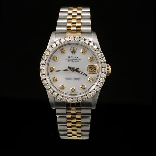 Rolex DateJust Two-Tone 31mm Custom Diamond Bezel: ****** Rolex DateJust Two-Tone 31mm Custom Diamond Bezel Women's Wristwatch ****** One Womens, Rolex DateJust 31mm White â€œMother of Pearl” Diamond Dial And A Beautiful Diamond Bezel Womens