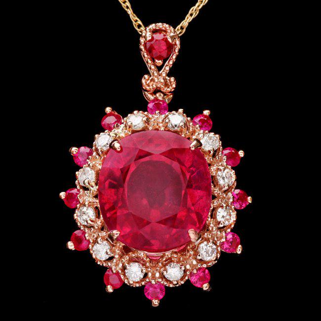 14k Rose Gold 7.15ct Ruby 0.25ct Diamond Pendant: Retail: $4,900.00 ****** 14k Rose Gold 7.15ct Ruby 0.25ct Diamond Pendant ****** Metal: 14k Solid Rose Gold / Size: 16 / Total Item Weight: 4.0 grams / Country Made: United States / / Main Stone: Ruby