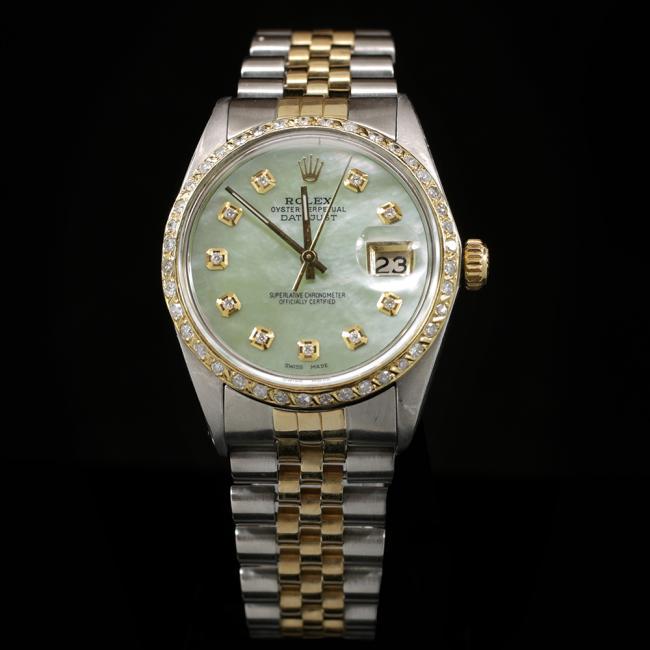 Rolex DateJust Two-Tone 36mm Custom Diamond Bezel Men's: ****** Rolex DateJust Two-Tone 36mm Custom Diamond Bezel Men's Wristwatch ****** One Mens, Rolex DateJust 36mm Light Green â€œMother of Pearl” Dial Custom Diamond Bezel Mens Wristwatch Stain
