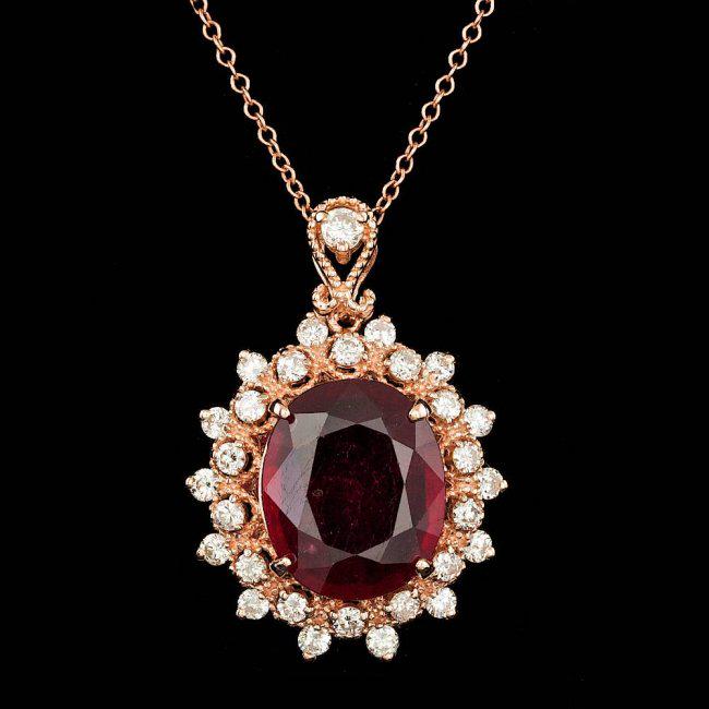 14k Rose Gold 6.50ct Ruby 0.90ct Diamond Pendant: Retail: $5,800.00 ****** 14k Rose Gold 6.50ct Ruby 0.90ct Diamond Pendant ****** Metal: 14k Solid Rose Gold / Size: 18 / Total Item Weight: 6.0 grams / Country Made: United States / / Main Stone: Ruby