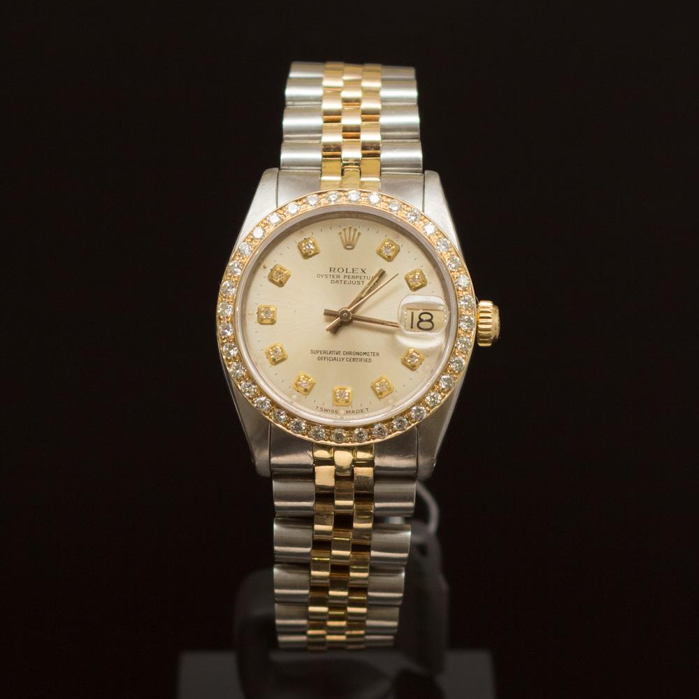 Rolex Two-Tone Datejust 31mm Diamond Dial Diamond Bezel: ****** Rolex Two-Tone Datejust 31mm Diamond Dial Diamond Bezel ****** One Mens, Rolex Two-Tone DateJust 31mm electronically tested and polished. Case: Gold/Stainless Steel, 31mm. Bezel: Diamond. Dial: