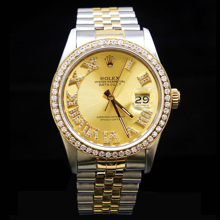 Rolex Two-Tone DateJust 36mm Champagne Roman Numerals: ****** Rolex Two-Tone DateJust 36mm Champagne Custom Roman Numerals Diamond Bezel Aprox. 2.0 cts. Diamond Dial Men's Wristwatch ****** One Mens, Rolex Two-Tone DateJust 36mm Champagne Custom Roman Num