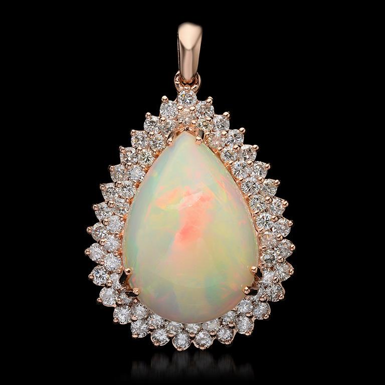 14K Gold 14.29ct Opal 2.38ct Diamond Pendant: Retail: $21,360.00******14K Gold Opal & Diamond Pendant ****** Metal: 14K Solid Rose Gold / Total Item Weight: 11.1 grams / Country Made: United States / / Main Stone: Opal / Color: White / Carat Tota