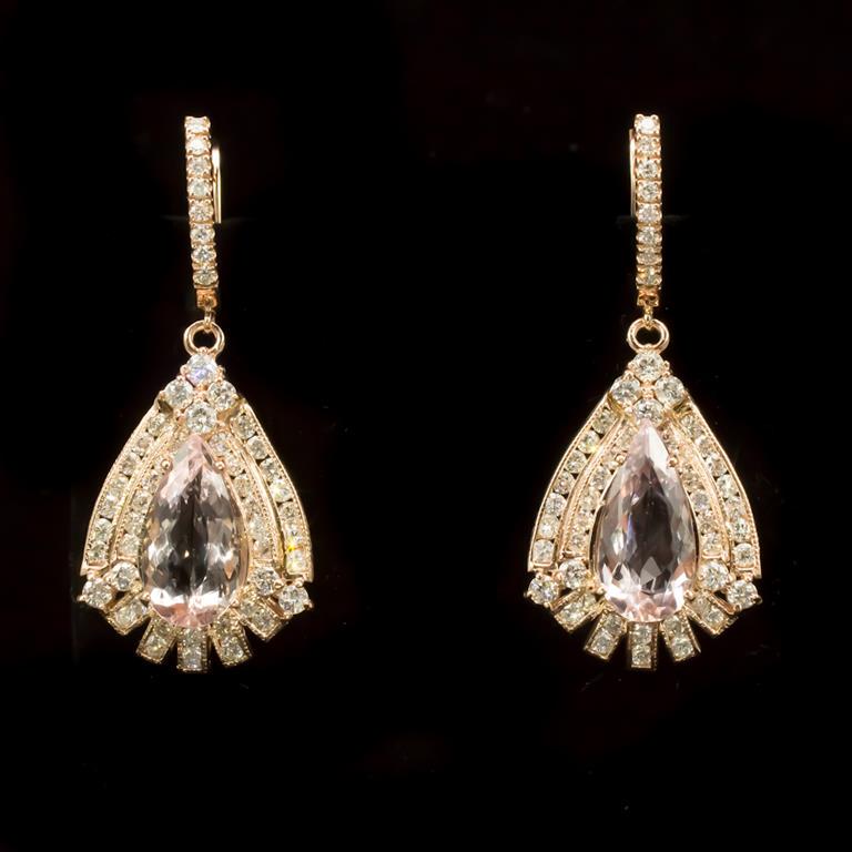 14K Gold 13.6ct Morganite 6.73ct Diamond Earrings: Retail: $16,215.00 ******14K Gold Morganite & Diamond Earrings ****** Metal: 14k Solid Rose Gold / Total Item Weight: 13.6 grams / Country Made: United States / / Main Stone: Morganite / Color: Light 