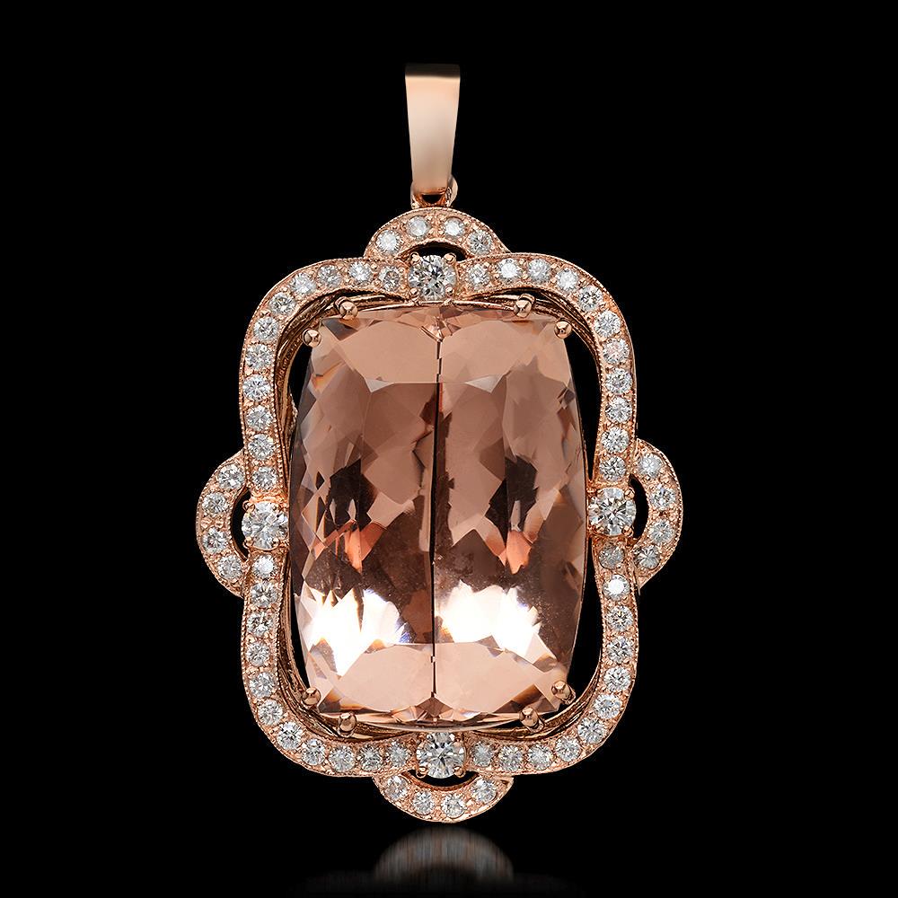 14K Gold 46.68ct Morganite 2.07ct Diamond Pendant: Retail: $35,956.00****** 14K Gold Morganite & Diamond Pendant ****** Metal: 14K Solid Gold / Total Item Weight: 21.3 grams / Country Made: United States / / Main Stone: Morganite / Color: Orangy Pink 