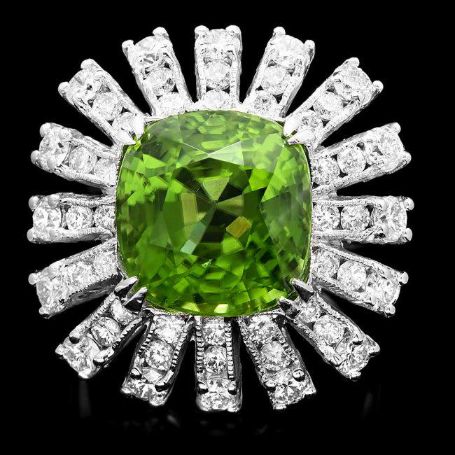 14k Gold 11.50ct Peridot 2.25ct Diamond Ring: Retail: $19,700.00 ****** 14k Gold 11.50ct Peridot 2.25ct Diamond Ring ****** Metal: 14k Solid White Gold / Size: 7 / Total Item Weight: 9.5 grams / Country Made: United States / / Main Stone: Peridot