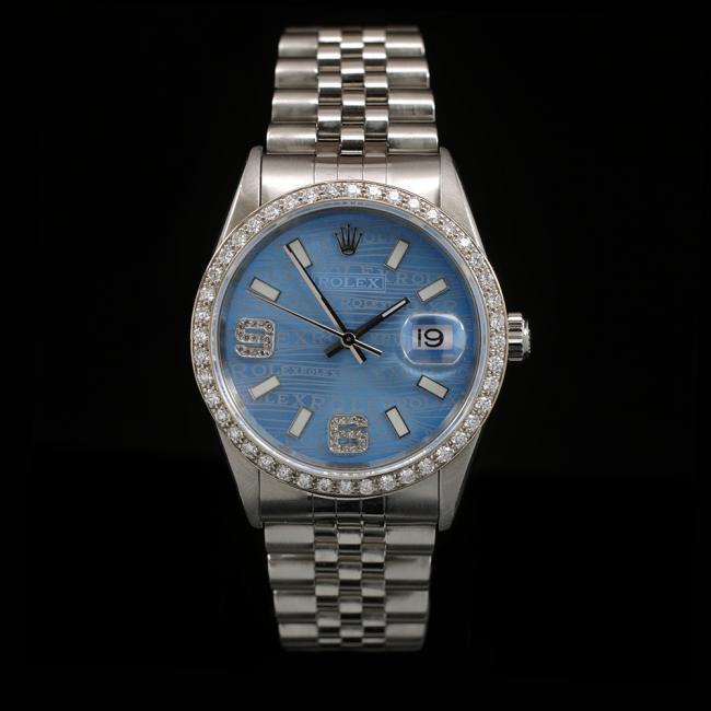 Rolex DateJust SS 36mm Custom Diamond Bezel Men's: ****** Rolex DateJust SS 36mm Custom Diamond Bezel Men's Wristwatch ****** One Mens, Rolex DateJust 36mm Blue Dial With Pave Diamonds On Hour Markers 6 & 9 Custom Diamond Bezel Mens Wristwatch Stainle