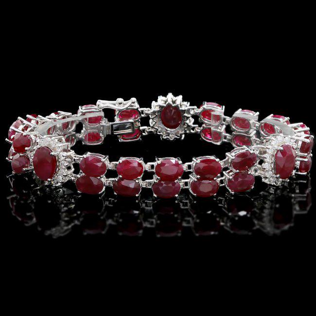 14k White Gold 43ct Ruby 1.65ct Diamond Bracelet: Retail: $24,300.00 ****** 14k White Gold 43ct Ruby 1.65ct Diamond Bracelet ****** Metal: 14k Solid White Gold / Size: 7.5 / Total Item Weight: 28.5 grams / Country Made: United States / / Main Stone: 
