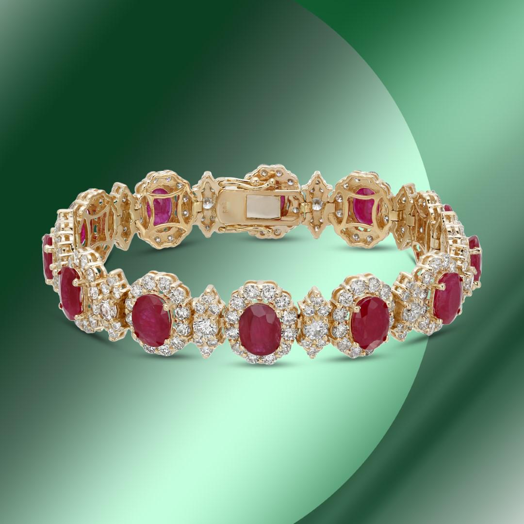 14K Gold 17.44cts Ruby & 11.96cts Diamond Bracelet: Retail: $96,108***** 14K Gold 17.44cts Ruby & 11.96cts Diamond Bracelet****** Metal: 14K Yellow Gold/ Total Wt.: 28.3g/ Country Made USA// Main Stone: Ruby / Carat Total Wt: 17.44cts / Treatment: None