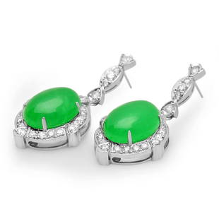 14K Gold 17.86ct Jadeite 1.92cts Diamond Earrings: Retail: $14,731.00 ****** 14K Gold 17.86ct Jadeite 1.92cts Diamond Earrings ****** Metal: 14K White Gold / Total Item Weight: 12.2 grams / Country Made: United States / Main Stone: Jadeite / Color: