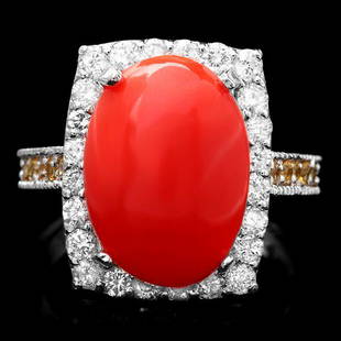 14k White Gold 5.50ct Coral 1.00ct Diamond Ring: Retail: $11,360.00 ****** 14k White Gold 5.50ct Coral 1.00ct Diamond Ring ****** Metal: 14k Solid White Gold / Size: 7 / Total Item Weight: 6.0 grams / Country Made: United States / / Main Stone:
