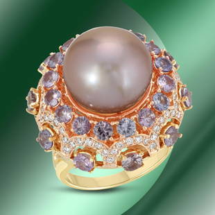 14K Gold 14mm South Sea Pearl, 6.15cts Sapphire & 1.23cts Diamond Ring: Retail: $17,952***** 14K Gold 14mm South Sea Pearl, 6.15cts Sapphire & 1.23cts Diamond Ring****** Metal: 14K Yellow Gold/ Total Wt.: 18.3g/ Country Made USA// Main Stone: Pearl / Diameter: 14mm /