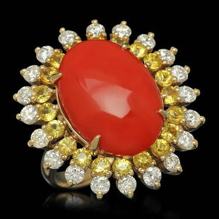 14K Gold 7.73ct Coral 1.82ct Sapphire 1.54ct Diamond Ring: Retail: $11,390.00 ****** 14K Gold 7.73ct Coral 1.82ct Sapphire 1.54ct Diamond Ring ****** Metal: 14K Solid Gold / Total Item Weight: 10.3 grams / Country Made: United States / / Main Stone: Coral /