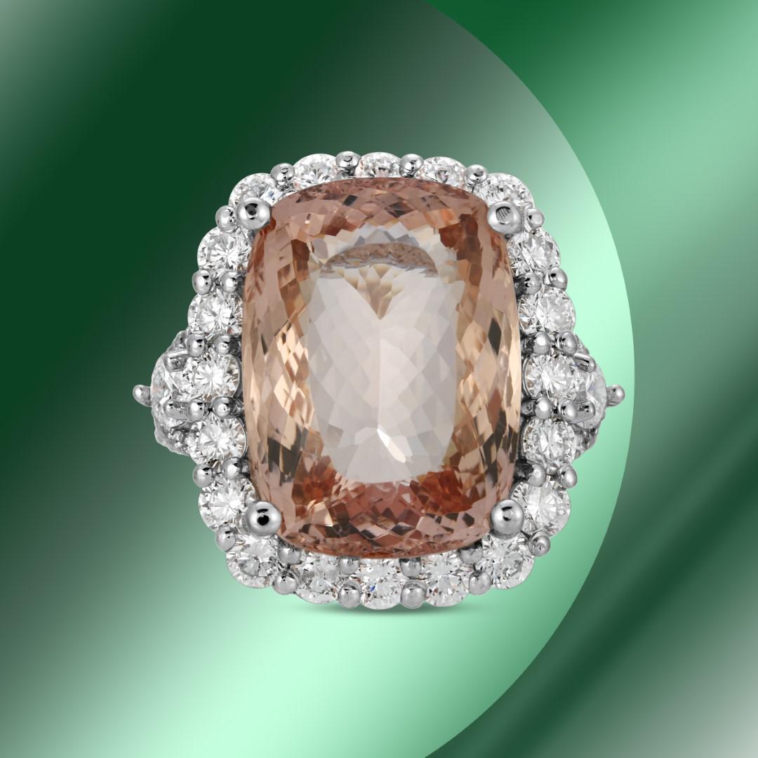 14K Gold 14.77cts Morganite & 3.78cts Diamond Ring: Retail: $26,735***** 14K Gold 14.77cts Morganite & 3.78cts Diamond Ring****** Metal: 14K White Gold/ Total Wt.: 11.0g/ Country Made USA// Main Stone: Morganite/ Carat Total Wt: 14.77cts / Treatment: N
