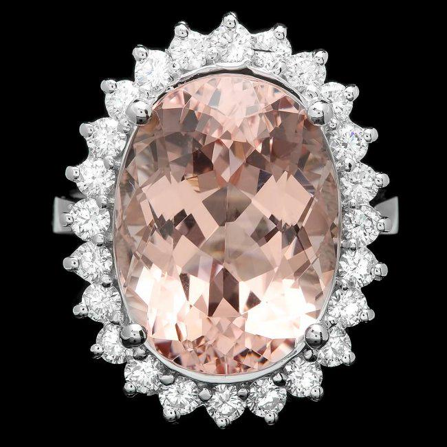 14k Gold 12.00ct Morganite 1.00ct Diamond Ring: Retail: $15,400.00 ****** 14k Gold 12.00ct Morganite 1.00ct Diamond Ring ****** Metal: 14k Solid White Gold / Size: 6.75 / Total Item Weight: 8.0 grams / Country Made: United States / / Main Stone: Mo