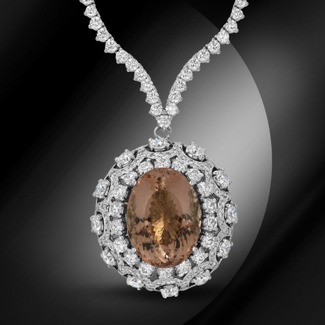 14K Gold 18.50cts Morganite & 11.80cts Diamond Necklace: Retail: $99,183***** 14K Gold 18.50cts Morganite & 11.80cts Diamond Necklace ****** Metal: 14K White Gold/ Total Wt.: NA / Country Made USA// Main Stone: Morganite / Carat Total Wt: 18.50cts / Treatme