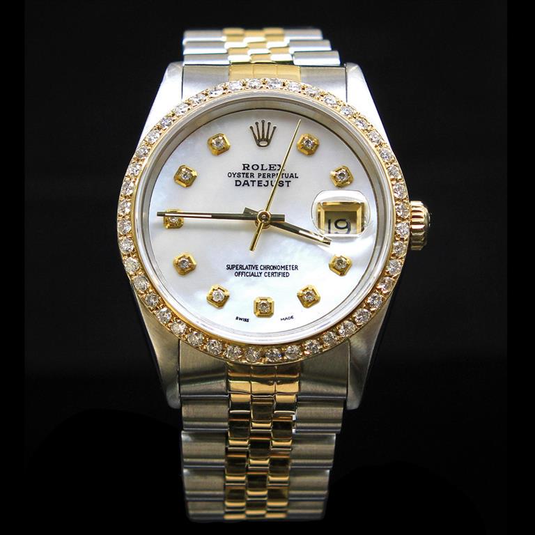 Rolex Two-Tone DateJust 36mm 1.65 cts. Diamond Bezel Diamond Dial Men's Wristwatch: ****** Rolex Two-Tone DateJust 36mm Custom White MOP Dial Diamond Bezel Aprox. 1.65 cts. Diamond Dial Men's Wristwatch ****** One Mens, Rolex Two-Tone DateJust 36mm Custom White MOP Dial Diamond Bezel