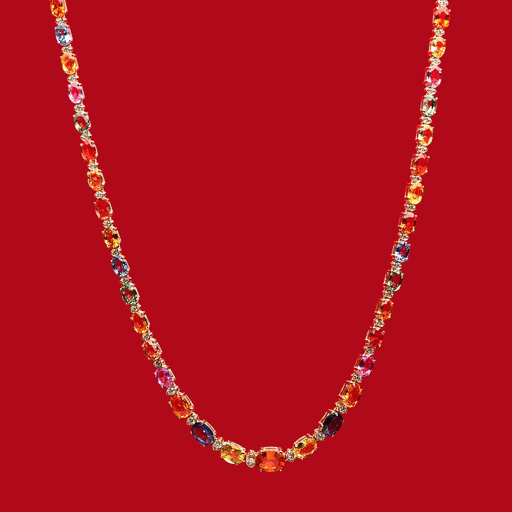 14K Gold 33.00ct Multi-Colored Sapphire 0.95ct Diamond Necklace: Retail: $18,750.00 ****** 14K Gold 33.00ct Multi-Colored Sapphire 0.95ct Diamond Necklace****** Metal: 14K Solid Gold / Total Item Weight: 21.6 grams / Country Made: United States / / Main Stone: Sapp