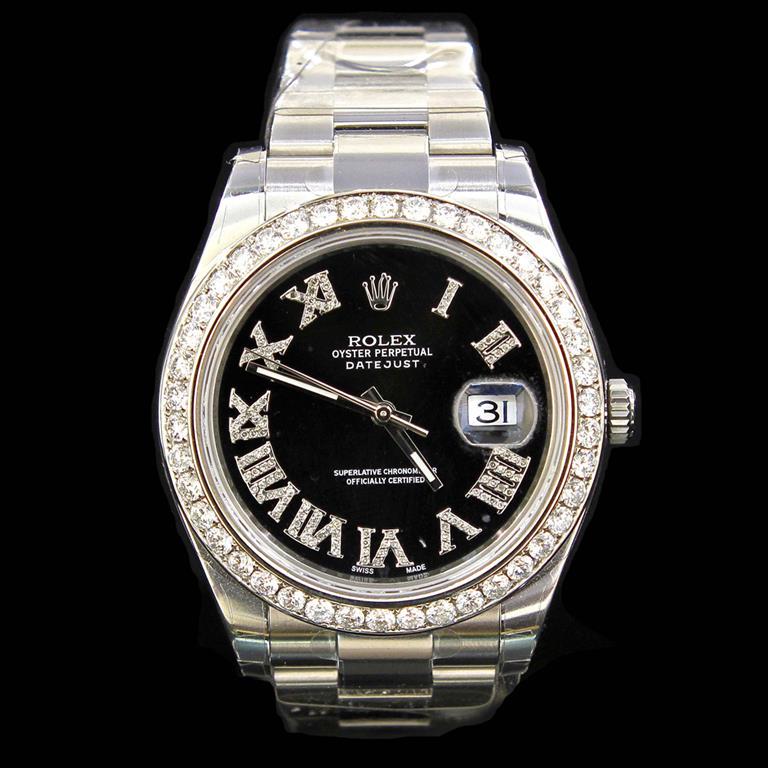 Rolex DateJust ll 41mm aprox. 4.5 cts. Diamond Bezel 0.5 cts. Diamond Dial Men's Wristwatch: ****** Rolex DateJust ll 41mm aprox. 4.5 cts. Custom Diamond Bezel 0.5 cts. Custom Diamond Dial Men's Wristwatch ****** One Mens, Rolex DateJust ll 41mm aprox. 4.5 cts. Diamond Bezel 0.5 cts. Diamond