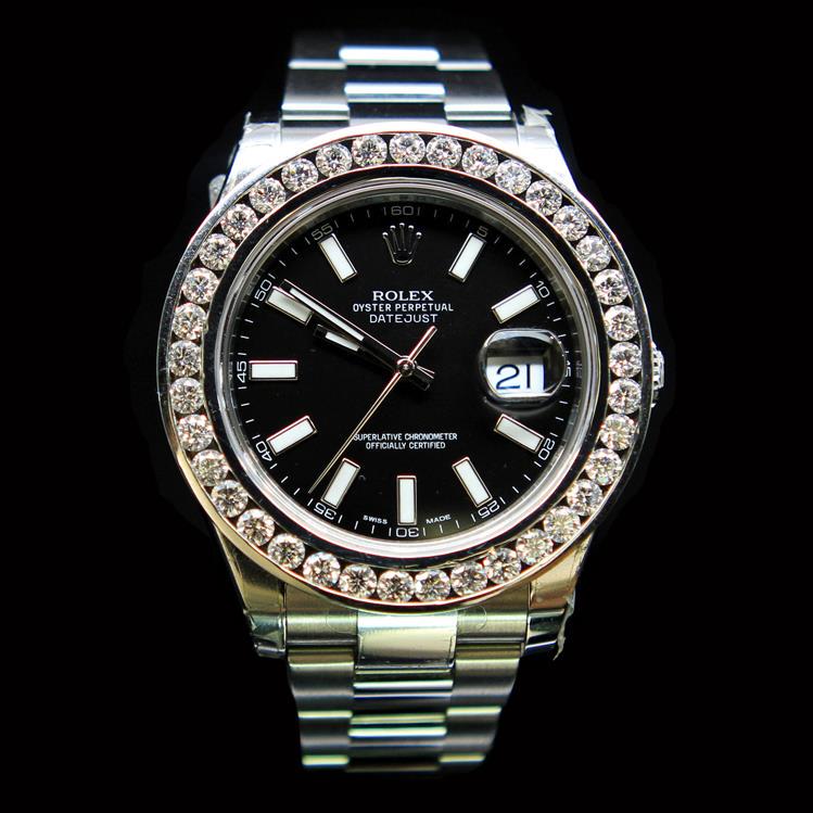 Rolex DateJust 41mm Black Index Diamond Bezel Aprox. 6.0 cts. Mens Wristwatch: ****** Rolex DateJust 41mm Black Index Diamond Bezel Aprox. 6.0 cts. Mens Wristwatch ****** One Mens, Rolex DateJust 41mm Black Index Diamond Bezel Aprox. 6.0 cts. Mens Wristwatch Stainless Steel elec