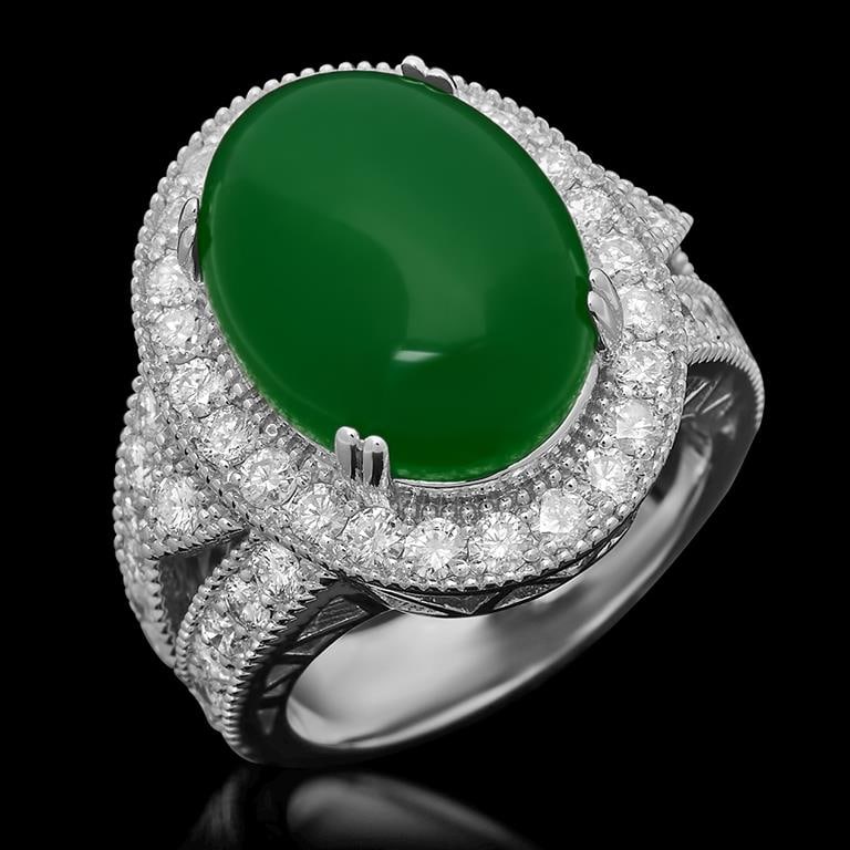 14K Gold 8.96ct Jadeite 2.00ct Diamond Ring: Retail: $12,860.00 ******Jadeite & Diamond Ring ****** Metal: 14K Solid White Gold / Total Item Weight: 13.4 grams / Country Made: United States / / Main Stone: Jadeite / Color: Green / Carat Total We