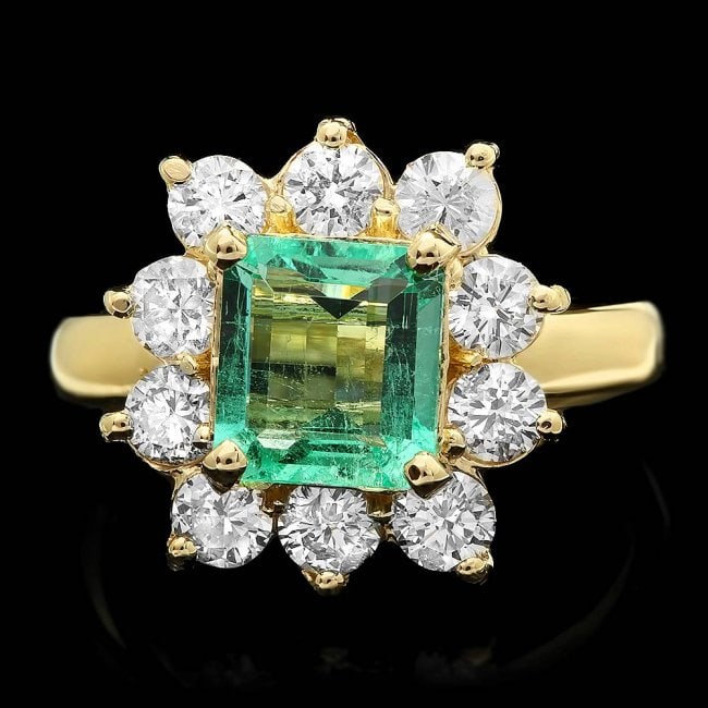 14k Gold 1.50ct Emerald 1.35ct Diamond Ring: Retail: $12,500.00 ****** 14k Gold 1.50ct Emerald 1.35ct Diamond Ring ****** Metal: 14k Solid Yellow Gold / Size: 8 / Total Item Weight: 6.0 grams / Country Made: United States / / Main Stone: Emerald